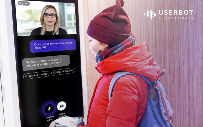 Userbot S.r.l., startup innovativa italiana focalizzata su progettazione e sviluppo software di Intelligenza Artificiale applicata alle conversazioni, lancia sul mercato un innovativo prodotto che consente alle imprese di offrire una customer experience ancora più umana grazie ad avatar fotorealistici che rispondono in tempo reale alle domande dei clienti, sia online che nei luoghi fisici su schermi touch.