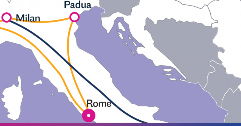 L’Italia è centrale nella strategia di espansione di RETN per collegare Europa e Asia, rappresentando un nodo cruciale verso il resto dell’area mediterranea