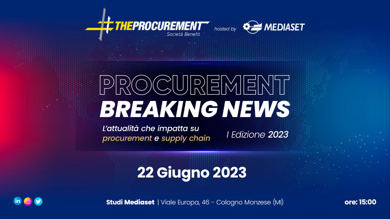 Procurement Breaking news, 22 giugno Studi Mediaset - dalle 15.00 alle 19.00 con cocktail a seguireSistema monetario, guerre, sanzioni, inflazione, sostenibilità. L’attuale contesto nazionale e internazionale è segnato da rapidi cambiamenti e da numerosi elementi di incertezza politica ed economica. The Procurement, la prima community italiana dedicata alla crescita culturale dei responsabili Procurement e dei loro team, ha così deciso di creare un appuntamento dedicato a tutti quegli argomenti di attualità che possono impattare sugli acquisti e le loro catene di fornitura.
