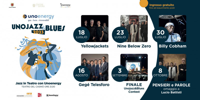 Torna a Sanremo Unojazz&Blues la rassegna dedicata alla musica di qualità, organizzata da Unoenergy​​, azienda sanremese attiva su tutto il territorio nazionale nella commercializzazione di gas, energia e nei servizi di efficientamento energetico. Per questa nuova edizione è in programma un calendario speciale in sei date che si snoderanno dal 18 luglio fino all’8 ottobre e che trasformeranno Sanremo in capitale del jazz e del blues. In programma grandissimi nomi del panorama nazionale ed internazionale come i Yellowjackets (che apriranno la rassegna il 18 luglio), i Nine Below Zero e Billy Cobham (nella sua unica data estiva italiana), Gegè Telesforo fino ad un omaggio davvero unico a Lucio Battisti. Gli eventi si terranno presso il Teatro dell’Opera del Casinò e saranno ad ingresso gratuito fino ad esaurimento posti.