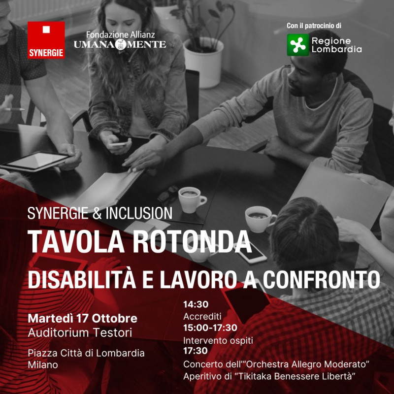 DE&I, inclusione, pari opportunità, benessere organizzativo: sono queste le parole chiave della Tavola rotonda organizzata da Synergie Italia in collaborazione con Fondazione Allianz Umana Mente, con il patrocinio della Regione Lombardia, martedì 17 ottobre, dalle 14:30 alle 17:30, presso Palazzo Lombardia a Milano.