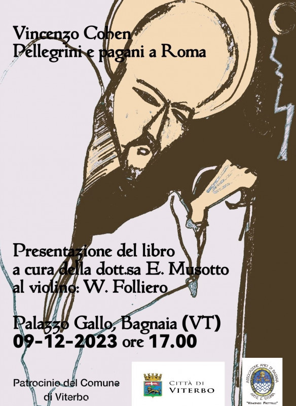 Il 9 dicembre 2023 alle ore 17.00 verrà presentato il libro di Vincenzo Cohen dal titolo “Pellegrini e pagani a Roma” edito da Gruppo Albatros. La presentazione prenderà in esame l'assetto topografico della citta antica nel passaggio dalla tradizione pagana a quella cristiana mirando a illustrare alcuni monumenti iconici della capitale, ma anche altri meno conosciuti e celebrati dalla tradizione letteraria. Nel corso della presentazione verranno inoltre proiettate alcune opere dell’artista e immagini relative ad argomenti e siti di interesse storico ed archeologico connessi con il patrimonio artistico-culturale di Roma e del Lazio antico.