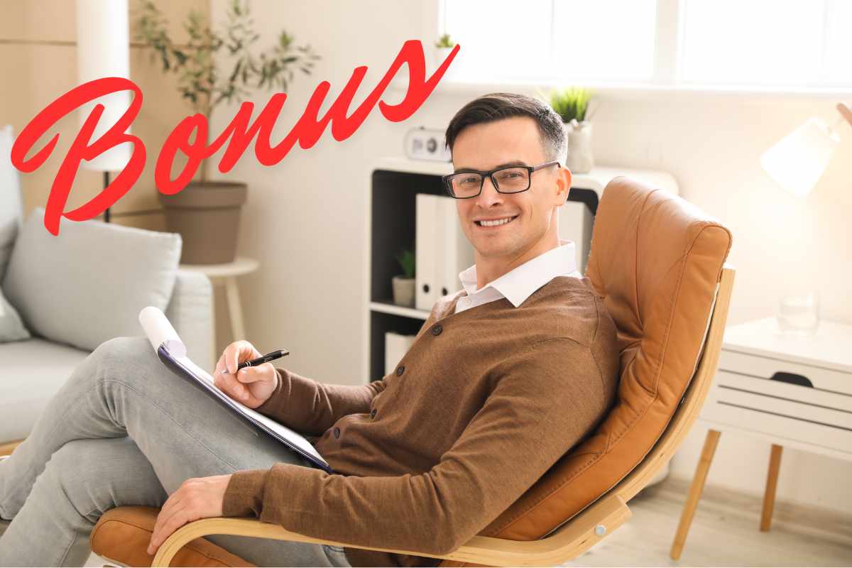 psicologo su poltrona e scritta bonus