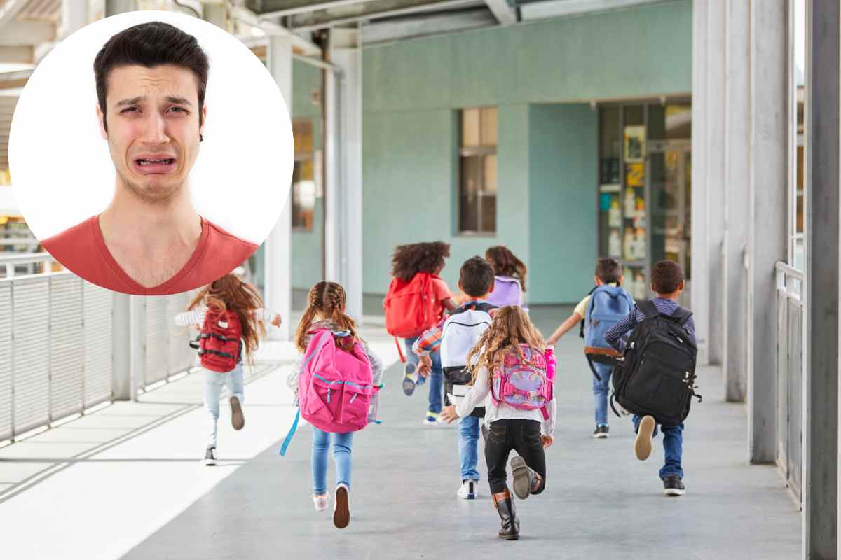 figli a scuola e ragazzo che piange 
